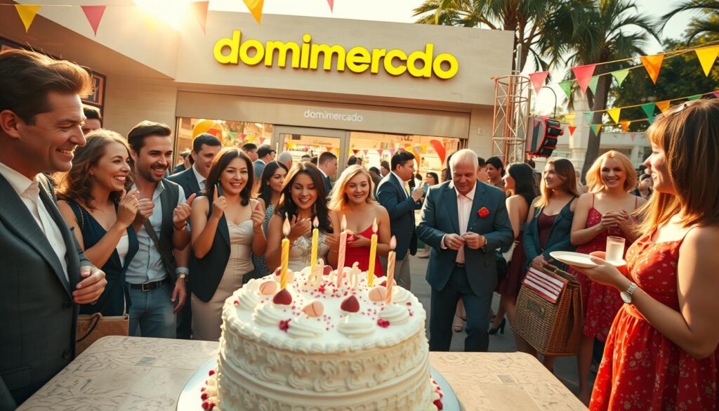 A festive outdoor scene showcasing a special event at the domimercado supermarket. In the foreground, a group of well-dressed customers eagerly gather around a large, elaborately decorated birthday cake, expressing delight and anticipation. The middle ground features a lively gathering of shoppers and staff enjoying refreshments and entertainment, such as live music or a product demonstration. In the background, the domimercado storefront is visible, adorned with colorful banners and streamers, creating a celebratory atmosphere. The lighting is warm and inviting, with the sun casting a soft, golden glow over the entire scene. The composition utilizes an angled, cinematic lens to capture the energy and excitement of the special event.
