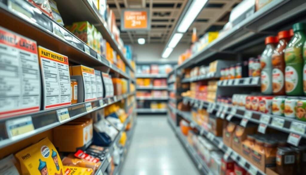 A high-quality, well-lit image of a supermarket shelf with neatly arranged product labels following regulatory guidelines. The labels should be clear, easy to read, and prominently displayed, showcasing best practices for in-store signage. The shelves should be well-stocked, with a sense of order and organization. Use a slightly low-angle perspective to emphasize the prominence and importance of the labels. Maintain a professional, informative tone that conveys the subject's technical nature without sacrificing visual appeal.