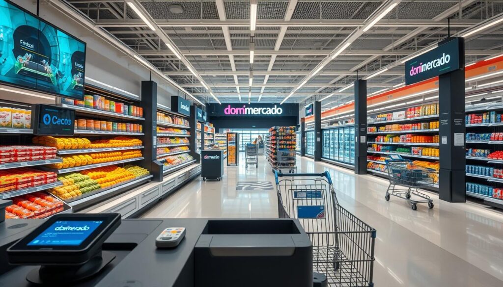 A modern supermarket interior with innovative technology. The foreground showcases a futuristic checkout area with smartly integrated screens, touchpads, and contactless payment terminals. In the middle ground, robotic shelving units autonomously restock products, while digital price tags and smart shopping carts optimize the customer experience. The background reveals an expansive floor plan filled with natural light, with domimercado branding prominently displayed. The overall atmosphere conveys a sense of efficiency, convenience, and a seamless blend of technology and retail.