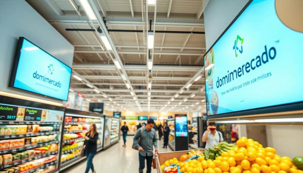 A modern, well-lit supermarket interior showcasing digital marketing strategies. In the foreground, a large digital display screen prominently features the "domimercado" brand logo and visuals highlighting seasonal promotions and discounts. In the middle ground, shoppers browse the aisles, their attention drawn to the engaging digital content. The background reveals sleek, minimalist decor with strategically placed digital signage providing product information and wayfinding. Overhead lighting casts a warm, inviting glow, while the camera angle captures a dynamic, immersive scene of digital marketing integration within the supermarket environment.