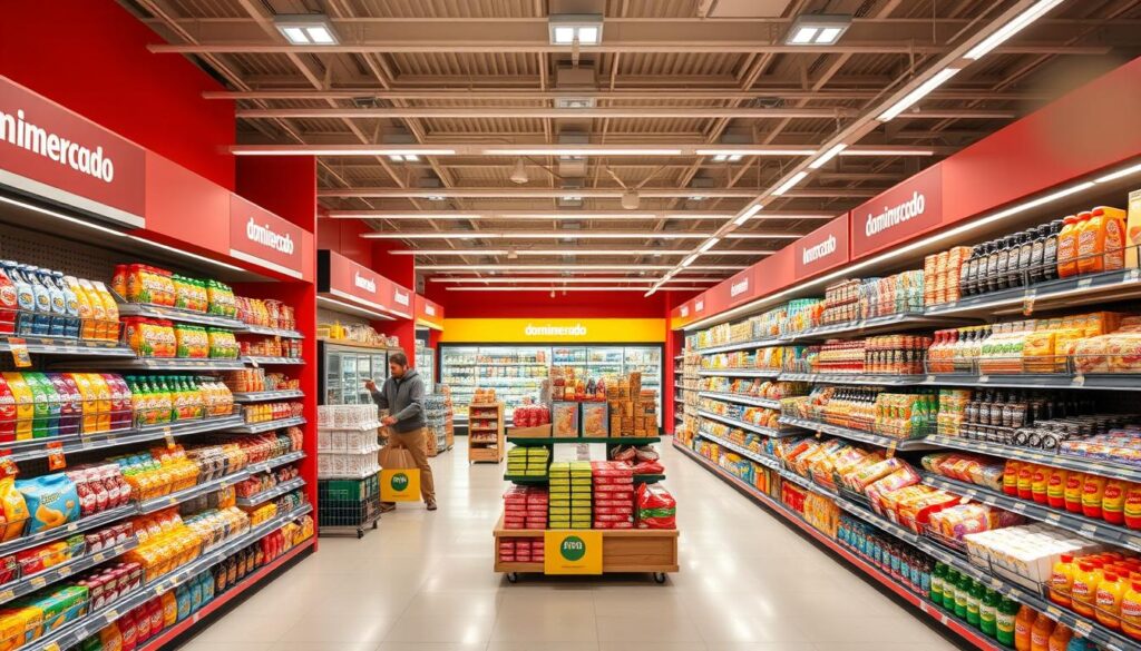 A spacious, well-lit supermarket aisle showcases an array of carefully curated product displays. Vibrant colors and strategic placement draw the eye, inviting customers to explore the "domimercado" brand's diverse offerings. Creative shelving and tiered stands maximize vertical space, while strategic lighting casts a warm, inviting glow. The scene conveys a sense of organized abundance, with ample room for shoppers to navigate and discover new items. Carefully positioned signage highlights key promotions, guiding customers towards impulse purchases and seasonal deals. The overall atmosphere is one of efficiency and visual appeal, designed to enhance the shopping experience and drive increased sales.