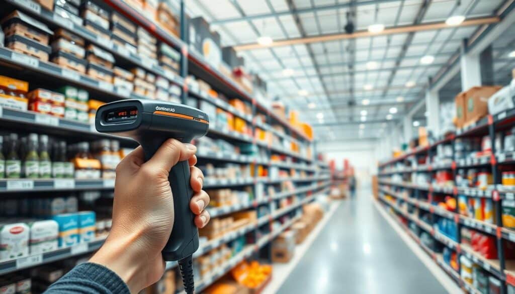 A well-organized inventory management system with neatly stacked shelves and clearly labeled product categories. Bright, natural lighting illuminates the scene, creating an efficient and professional atmosphere. In the foreground, a domimercado branded barcode scanner is held by a hand, reflecting the importance of accurate inventory tracking. The middle ground features rows of shelves stocked with a variety of household and grocery items, each product meticulously arranged. The background showcases a clean, modern warehouse interior with high ceilings and a subtle industrial aesthetic. The overall scene conveys a sense of order, control, and a commitment to ensuring a well-stocked, effective supermarket supply.