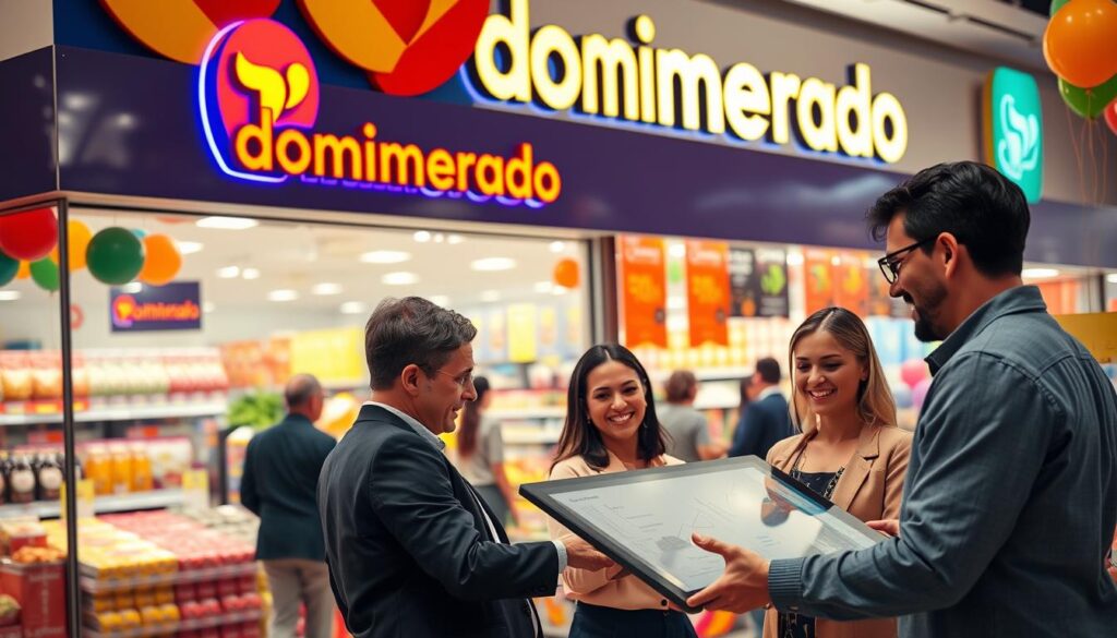 Detailed marketing strategies for the 10th anniversary celebration of the domimercado supermarket. A vibrant, colorful storefront with a bold logo and festive decorations. Cheerful customers browsing displays of discounted products, balloons, and banners. In the foreground, a team of marketing professionals strategizing using a large touchscreen display. Warm lighting illuminates the scene, creating an inviting atmosphere to draw in new and existing shoppers. The overall mood is one of excitement and anticipation, showcasing the supermarket's commitment to providing exceptional value and customer experience.