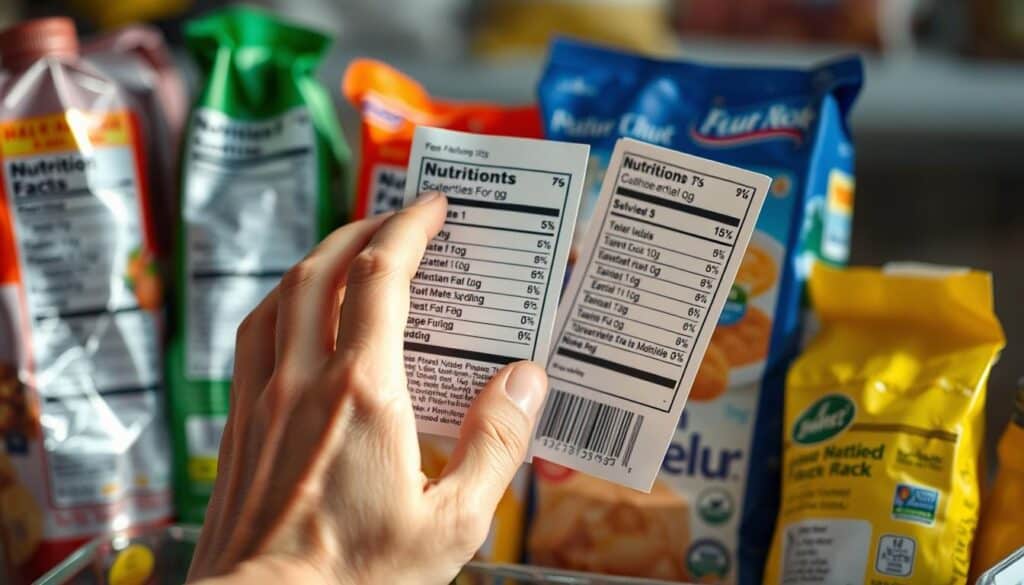 High-resolution close-up image of a person's hands carefully examining the nutritional information labels on various food and beverage products. The labels are displayed prominently in the center of the frame, with the hands positioned in a thoughtful, investigative pose. The background is slightly blurred, creating a sense of focus and emphasis on the labels. Soft, natural lighting illuminates the scene, casting subtle shadows and highlights that enhance the textural details of the packaging. The overall mood is one of curiosity and attention to detail, reflecting the importance of understanding food labeling.